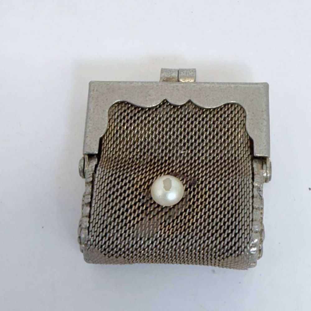 Vintage Japan Miniature Mesh Coin Purse Keychain Faux Pearl Silver Tone Tiny